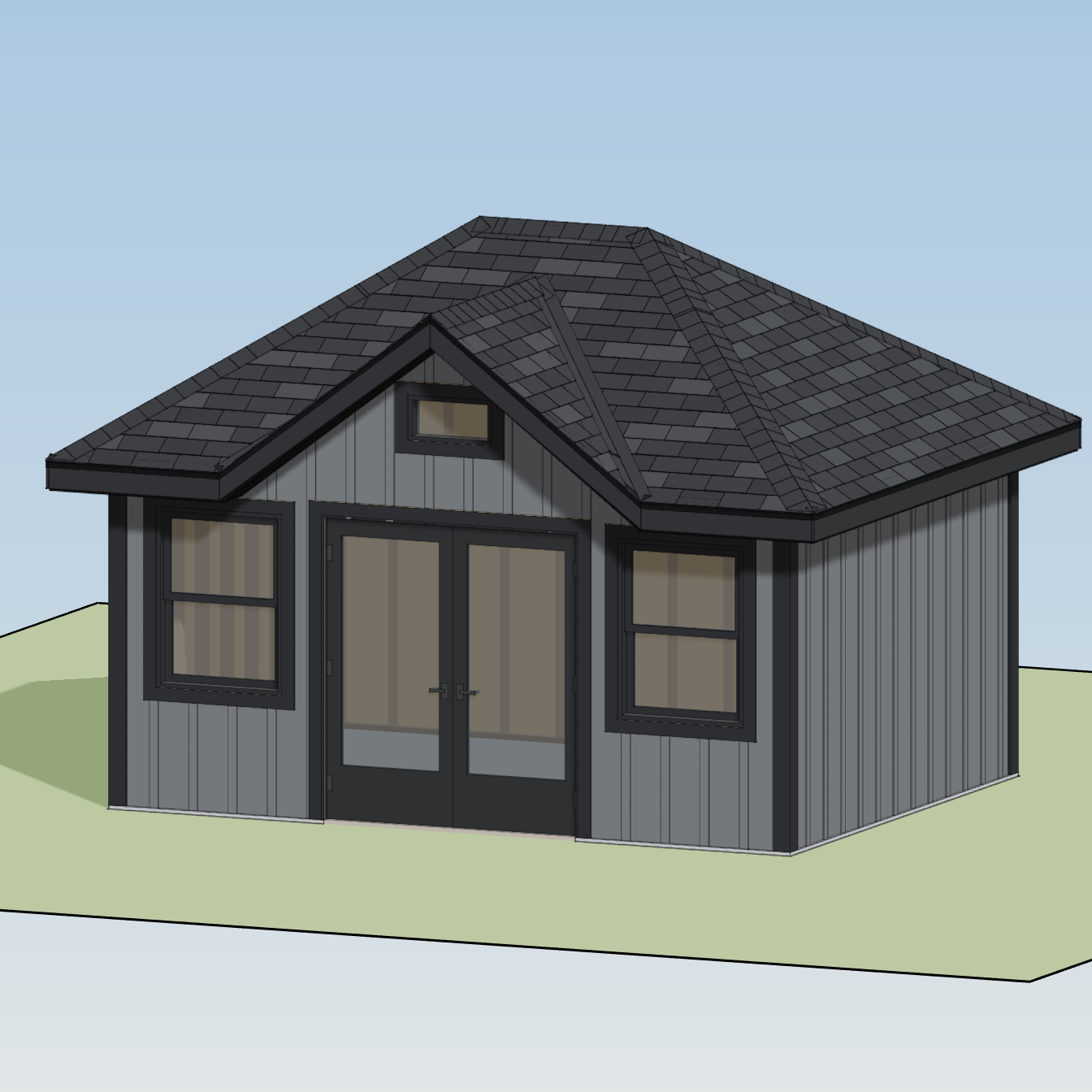 Exterior rendering of a dark gray shed with a hip roof and inverse gable