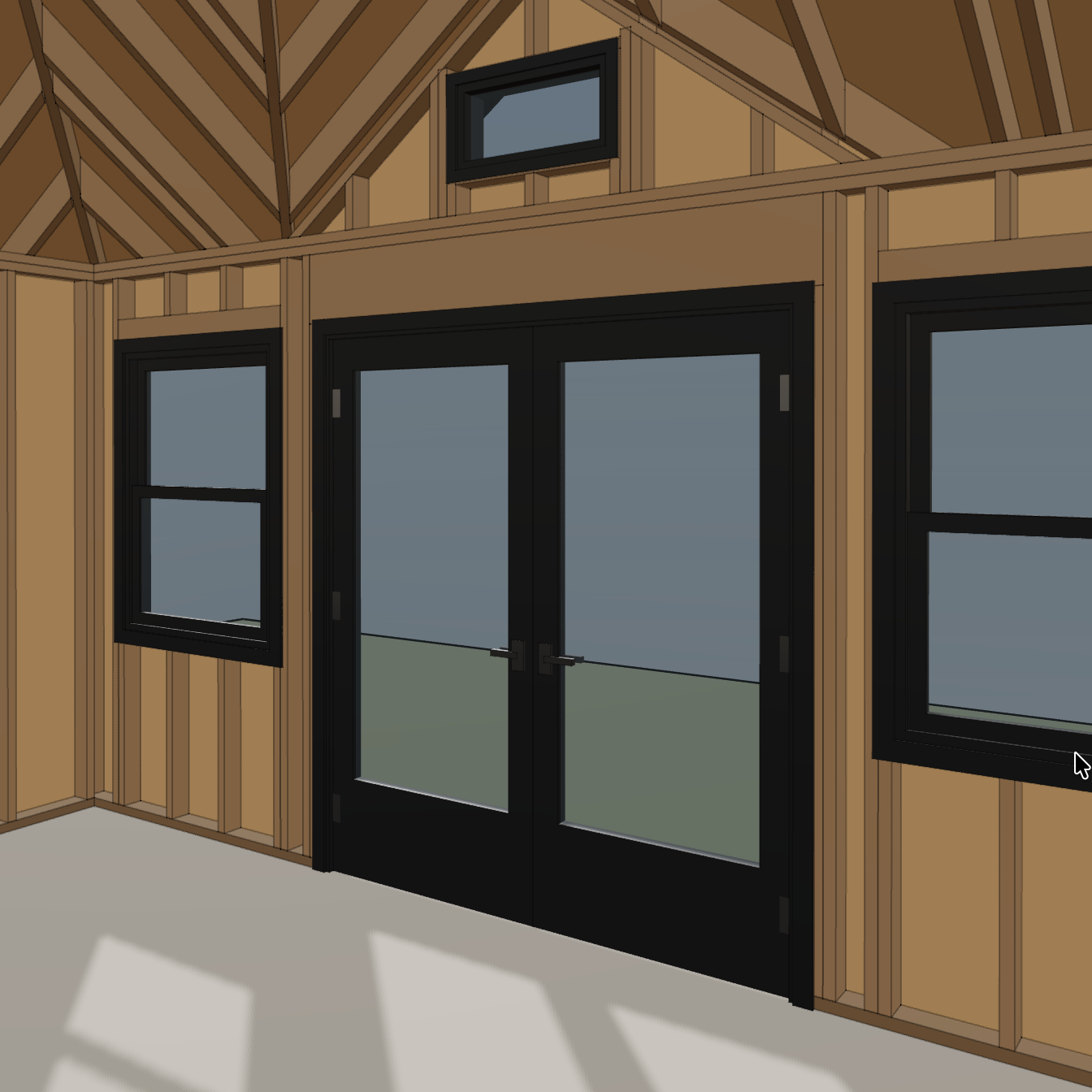 Interior framing rendering facing the shed double doors and windows