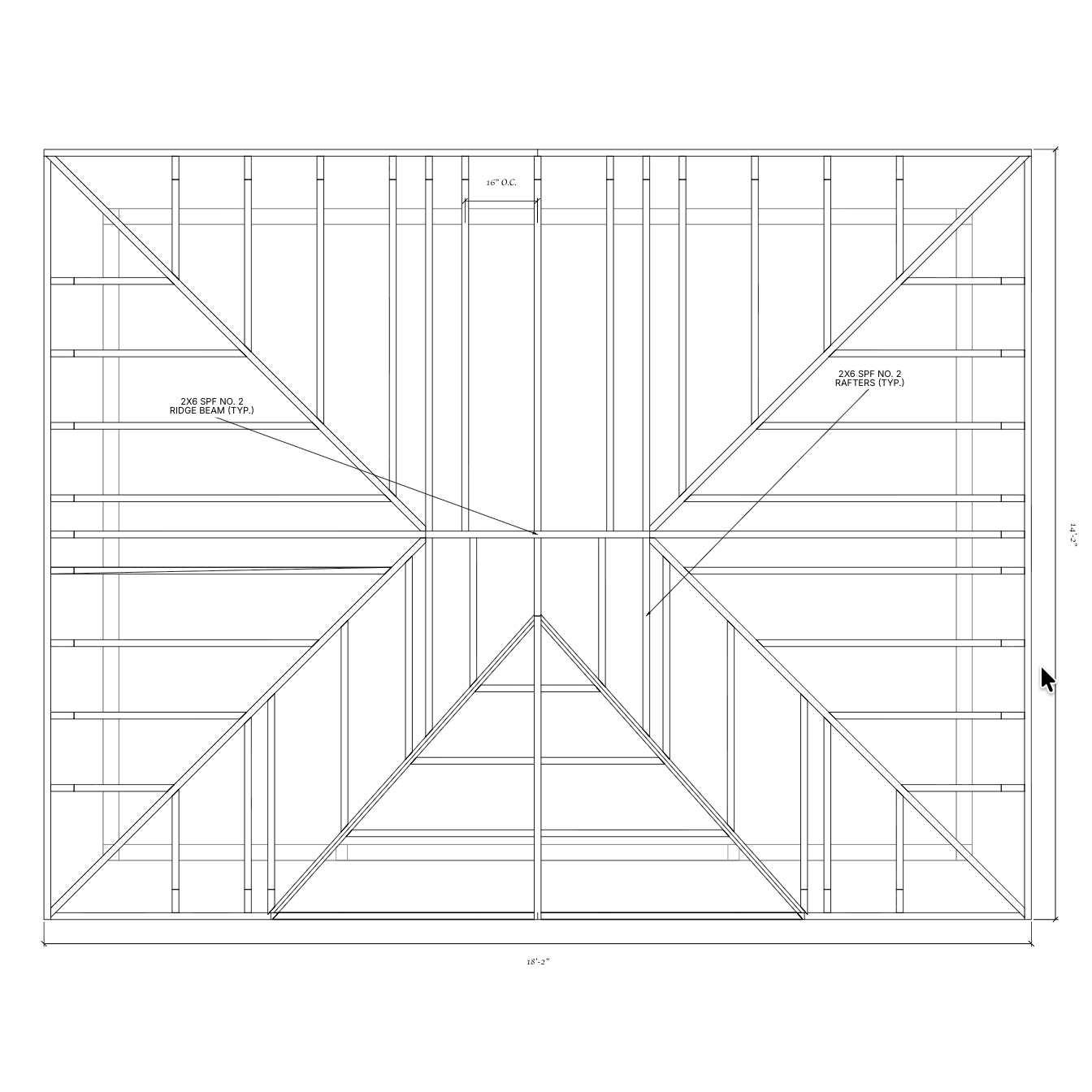 Dimensioned roof framing plan for the inverse-gable hip roof
