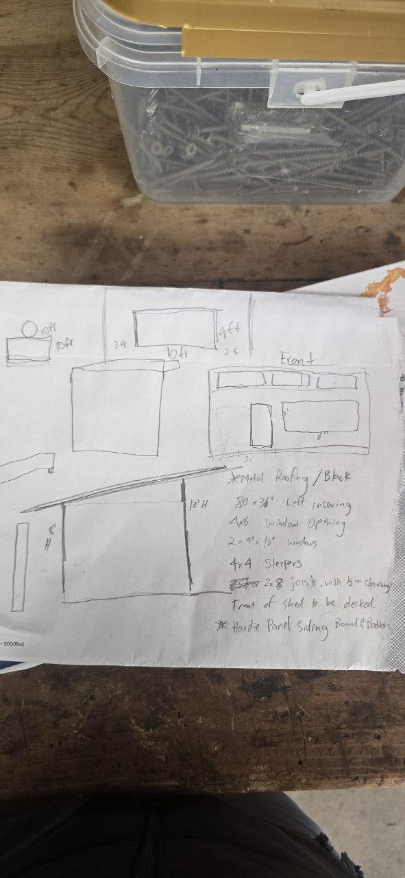 Client hand drawing showing the original shed layout, elevations, dimensions, and material notes