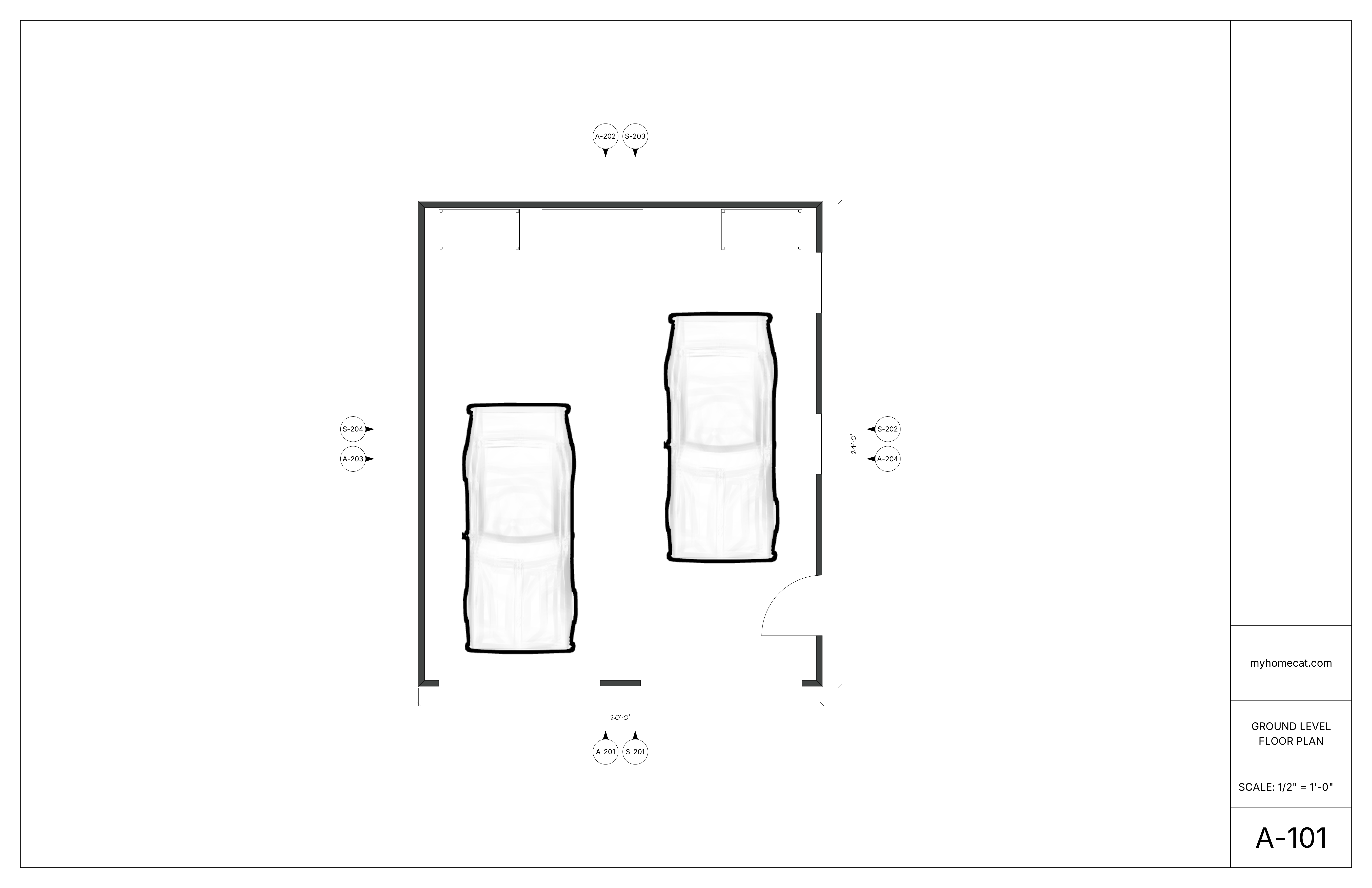 Dimensioned floor plan for a detached two-bay garage
