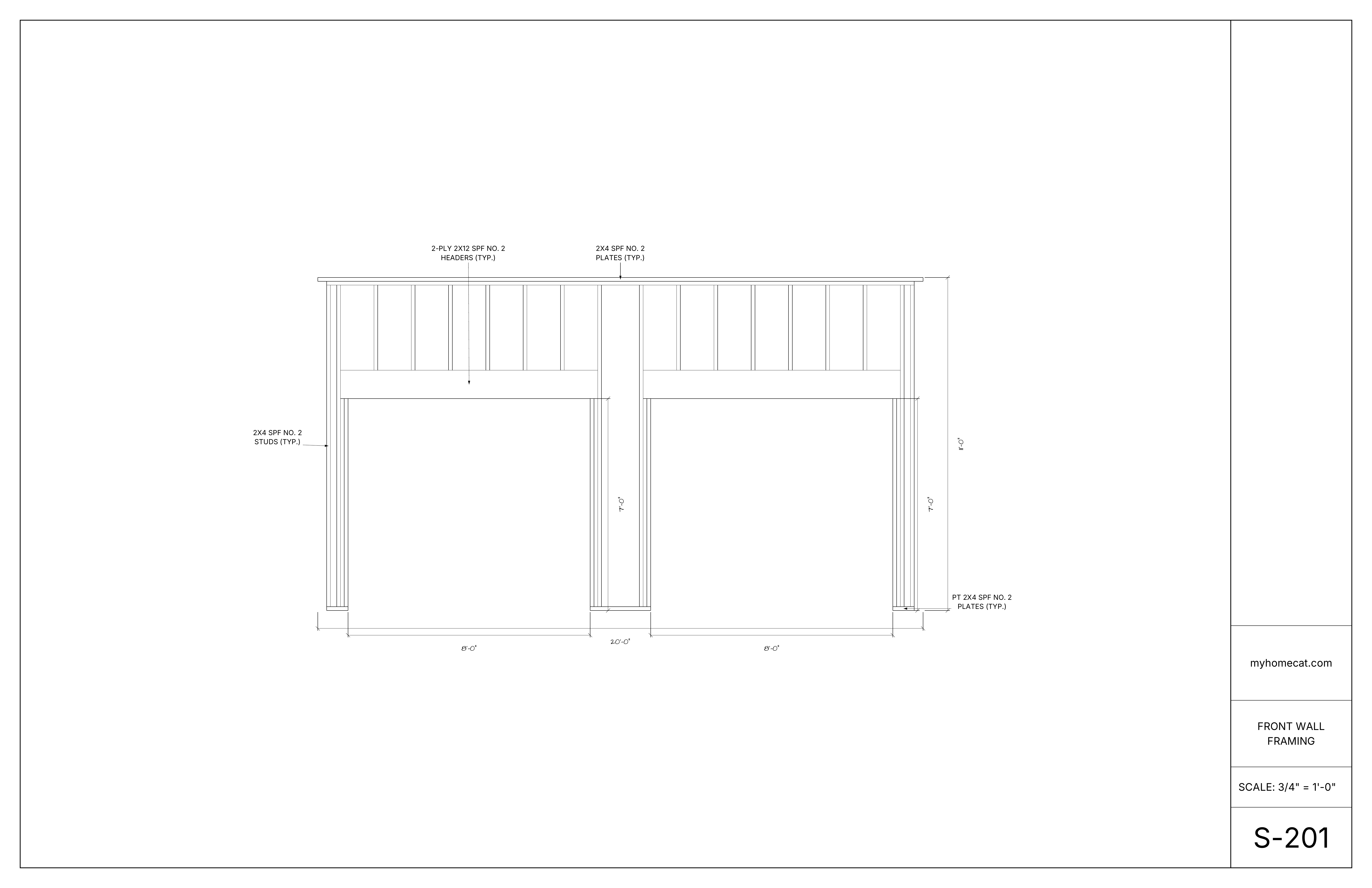 Front wall framing drawing for a detached two-bay garage