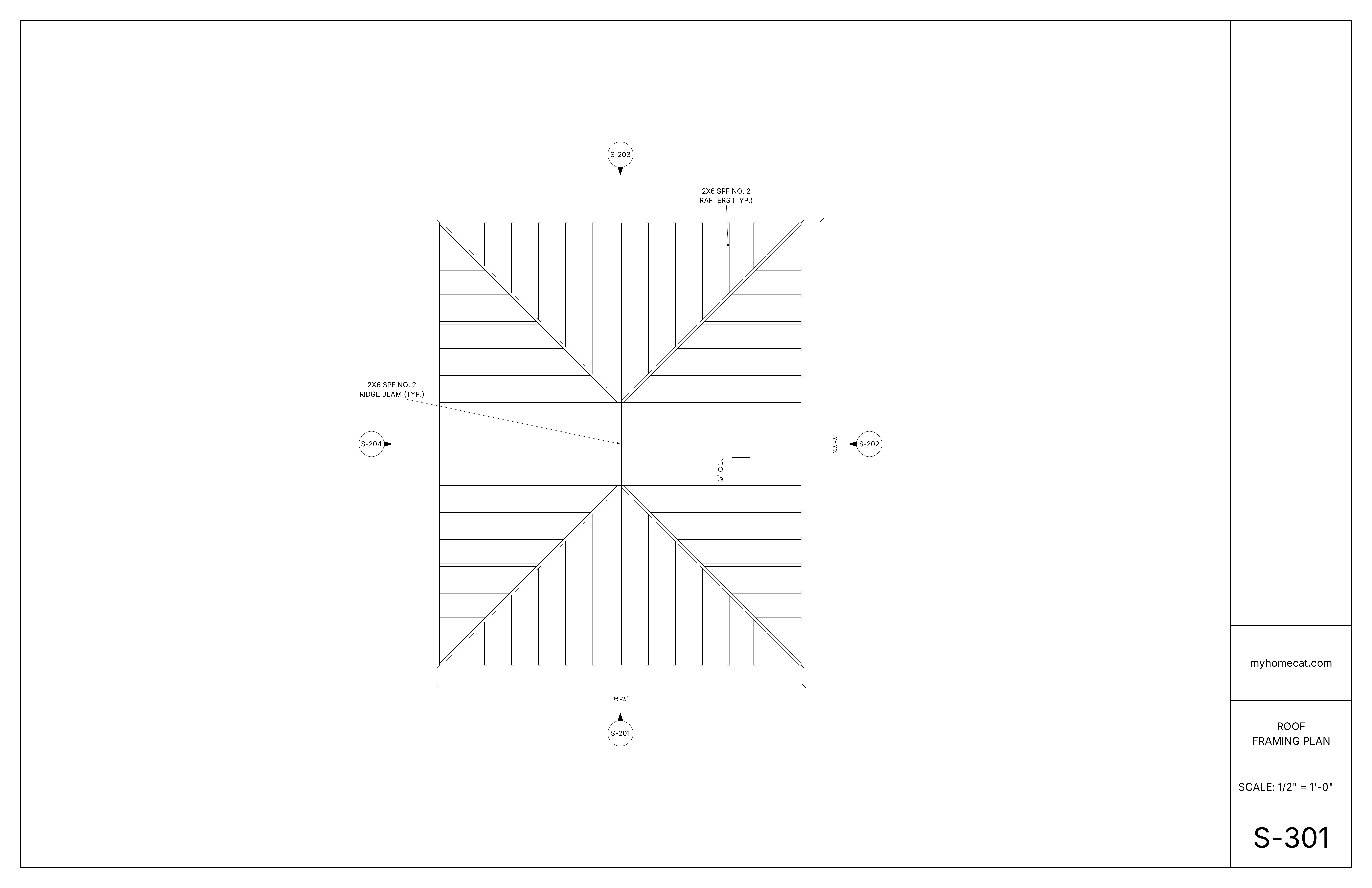 Roof framing plan showing rafters and dimensions for a backyard office
