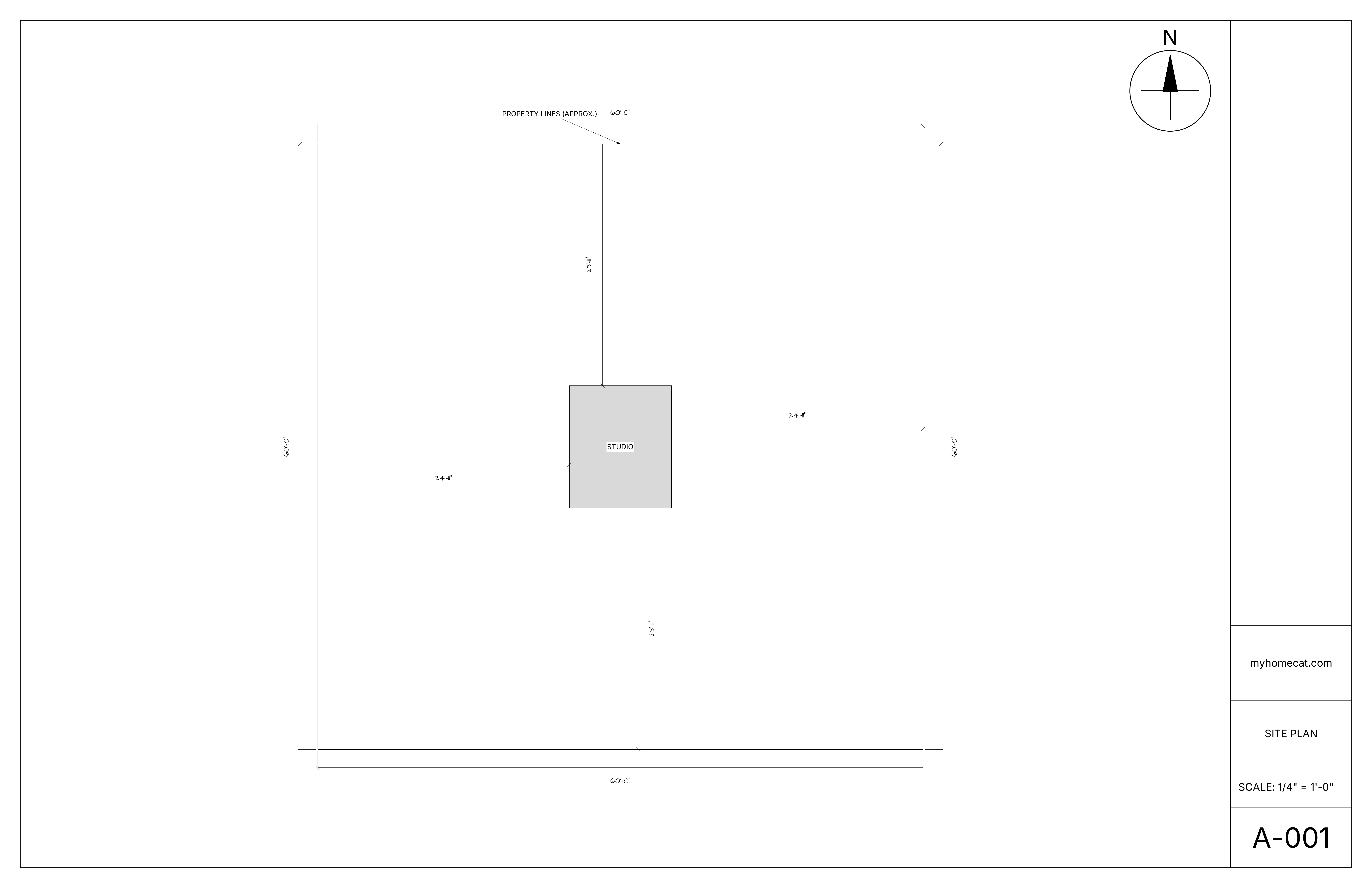 Residential site plan showing a backyard office and measured property setbacks