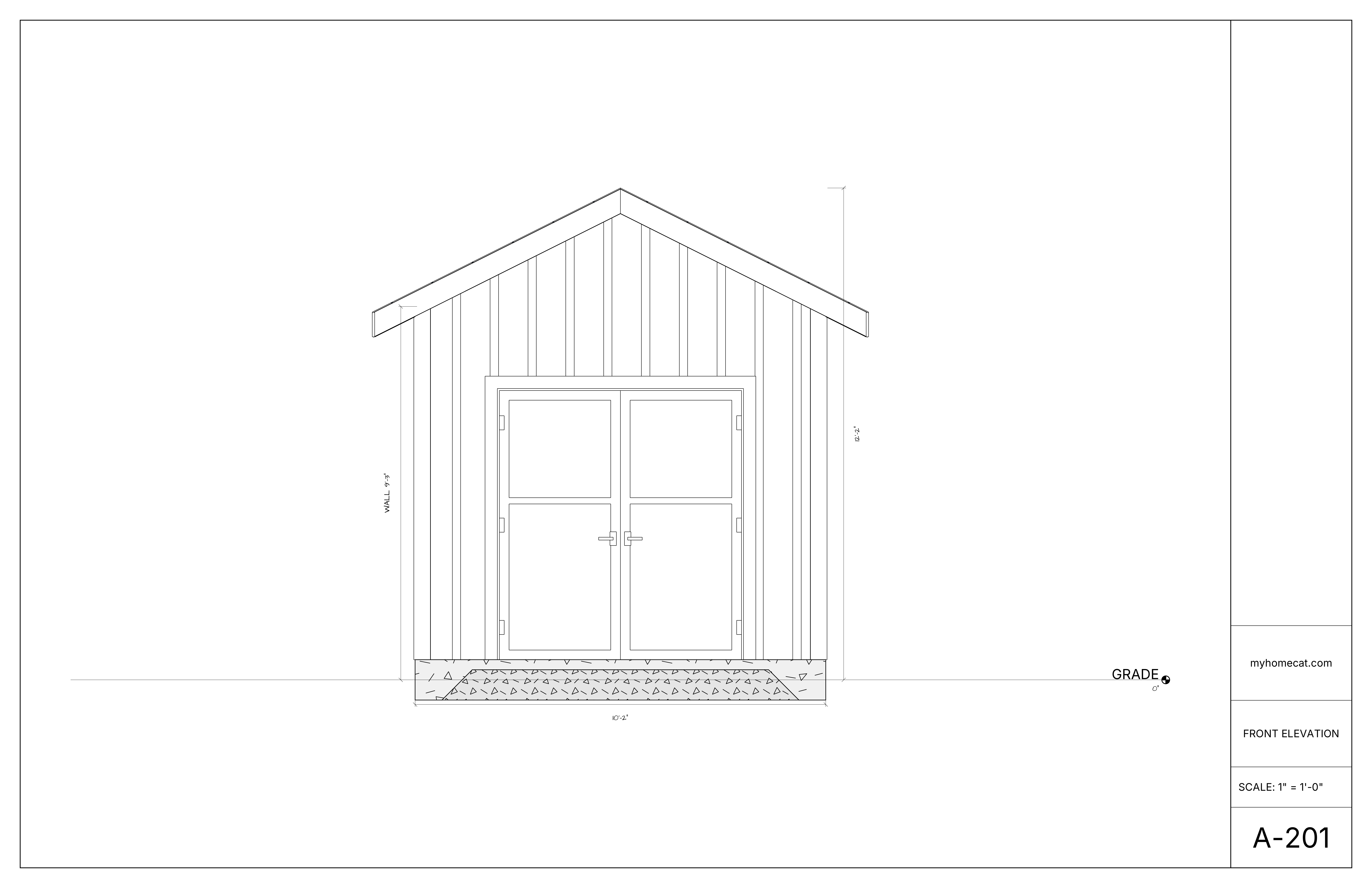 Front exterior elevation drawing for a gable-roof storage shed